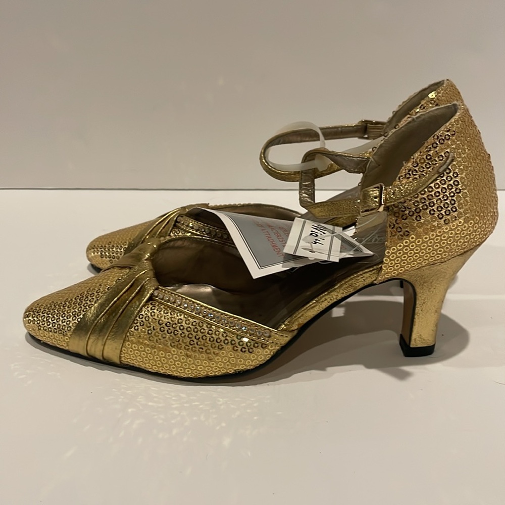Prom dressy gold shoes heels size 6.5 wide sequins rhinestone fancy NWT NEW - Picture 3 of 7